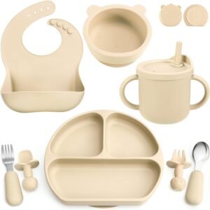 Beige Silicone Baby Feeding Set for Self-Feeding